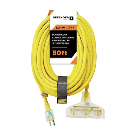 Defender Cable 12/3 Gauge, 50 ft SJTW POWERBLOCK w Lighted End, UL and ETL Listed Extension Cord DCE-311-42